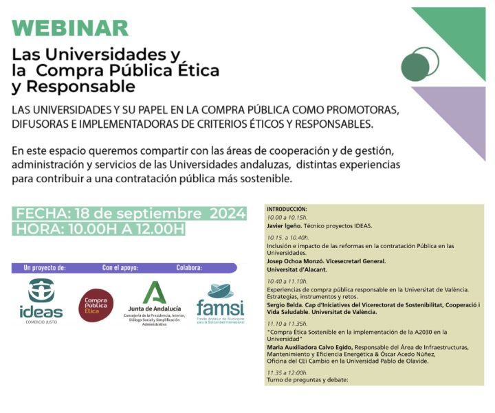 Ideas Comercio Justo organiza el webinar "Las Universidades y la Compra P&uacute;blica &Eacute;tica y Responsable"